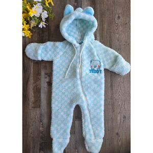 Vintage Cuddle Time Baby Blue Teddy Bear Hooded Footed Fleece 0-3m 80s 90s